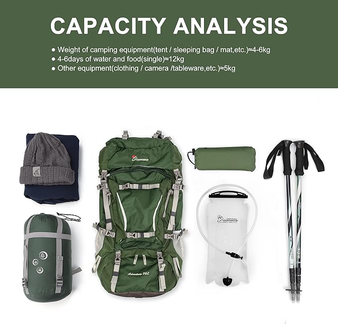 MOUNTAINTOP 70L Internal Frame Backpack Camping Backpacking Hiking Backpack for Men Women with Rain Cover