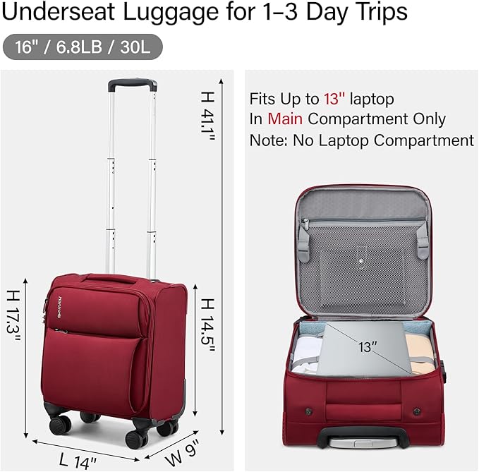 Hanke 16 Inch Underseat Carry On Luggage with Spinner Wheels Airline Approved, Small Rolling Suitcase Softside Underseater Lightweight TSA Travel Roller Suitcase Carry-On Bag(Burgundy)