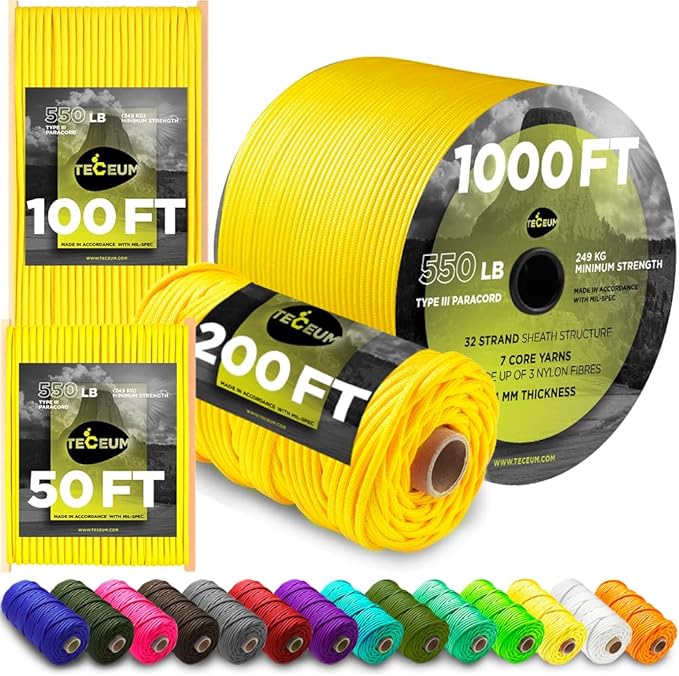 TECEUM 5/32" Paracord Rope 1000 – 1000ft / 200ft / 100ft / 50ft – Tactical Parachute Cord 4mm – 45+ Colors – Nylon String for Survival & Camping Gear – Stripe Cord for Survival – Utility Rope