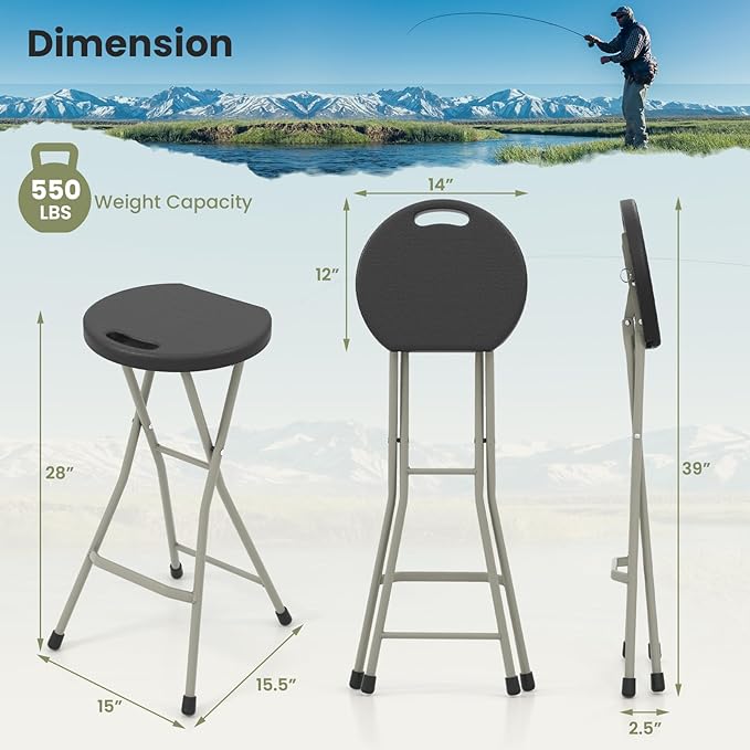 Goplus Folding Stool, Extra Tall 28 inch Foldable Camping Stool for Adults with 550 lb Capacity, Portable Plastic Fold up Stool, Collapsible Round Stool with Handle for Fishing Hiking Gardening