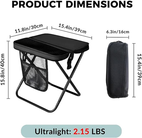 16" Portable Collapsible Stool - Folding Chair with Storage Pouch, Convertible Satchel for Hands-Free Carry & Supports 300Lbs, Ultralight for Hiking, Fishing, Camping, Festivals (Black, Large)