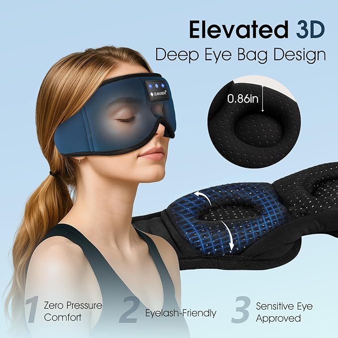 ZUMUSEN Bluetooth Sleep Headphones, 3D Wireless Music Eye Mask with Ultra-Thin Stereo Speakers, Adjustable Sleep Mask for Side Sleepers, Perfect for Travel, Meditation, Relaxation