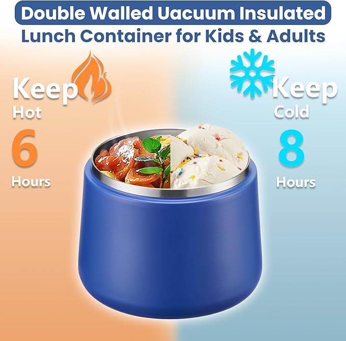 14oz Insulated Vacuum Food Jar with Buckle Lid,Soup Thermo for Hot Food Kids,Wide Mouth Leakproof Stainless Steel Lunch Container with Spoon-Light Blue
