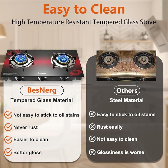 Propane Stove 2 Burner Gas Stove, 28800 BTU High-Efficiency Auto Ignition Tempered Glass LPG Cooktop with CSA Regulator and Hose – for Outdoor Camping, RV, and Emergency Cooking