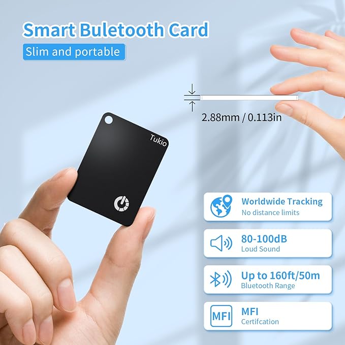 Smart Card (Black) 2 Pack, Smart Wallet Tracker Card Compatible with Apple Find My (iOS only), Bluetooth Tracker with Wireless Charging, IP68 Waterproof Finder, Item Finder with Key Ring/Nylon Lanyard