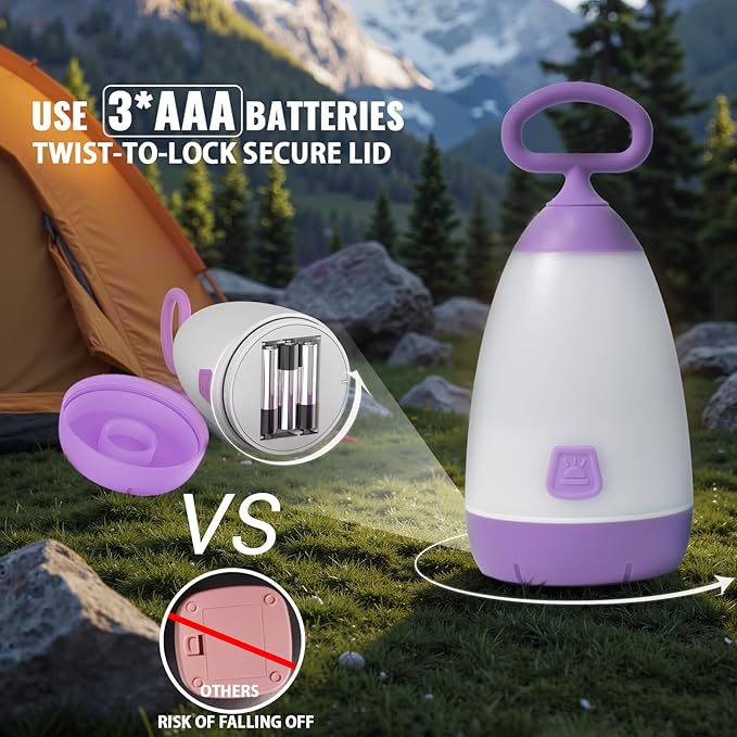 Kids Camping Lantern & Night Light Battery Powered, 360° Eye-Safe Light (AAA Included), IPX4 with RGB Modes Portable for Outdoor, Emergency , Gift for Children (Purple+Blue 2 Pack)