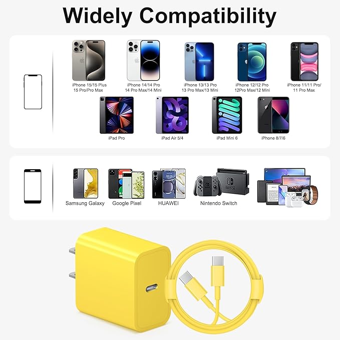 iPhone 17 16 15 Charger Fast Charging 6FT - 20W USB C Charger Block with 6FT Type C to C Cable Compatible with iPhone 17/17 Pro/17 Pro Max/Air/16/16e/15, iPad Pro, iPad Air (Yellow)