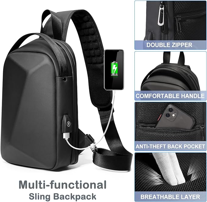 FENRUIEN Anti-Theft Crossbody Sling Backpack Bag for Men Hard Shell with USB, Shoulder Pack Lock Waterproof 10.2 inch Single Strap for Travel Hiking