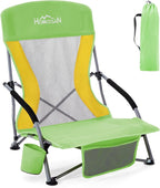 Homcosan Portable Low Folding Beach Chair - Lightweight Camping Chair for Adults with Cup Holder & Storage Pocket, Carry Bag Included (Green & Yellow)