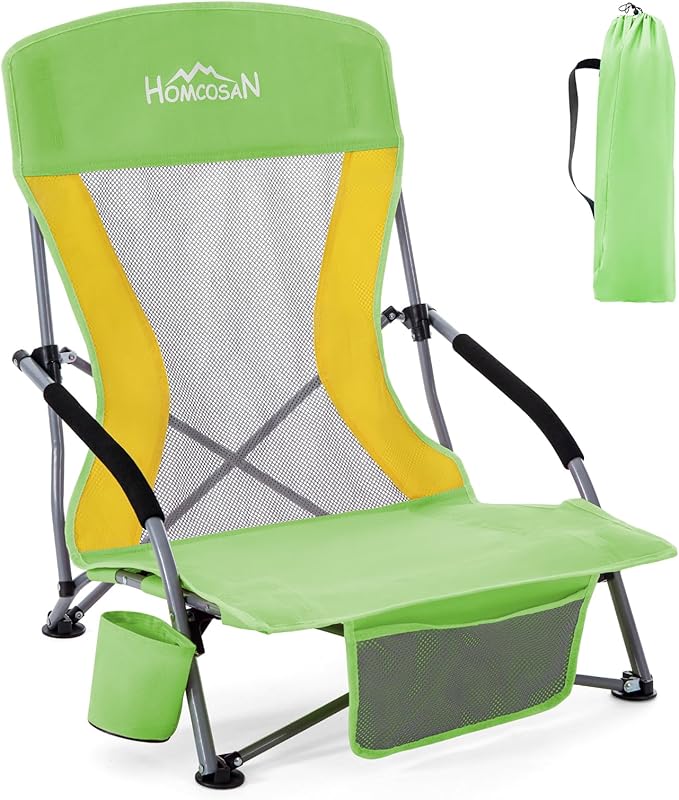 Homcosan Portable Low Folding Beach Chair - Lightweight Camping Chair for Adults with Cup Holder & Storage Pocket, Carry Bag Included (Green & Yellow)