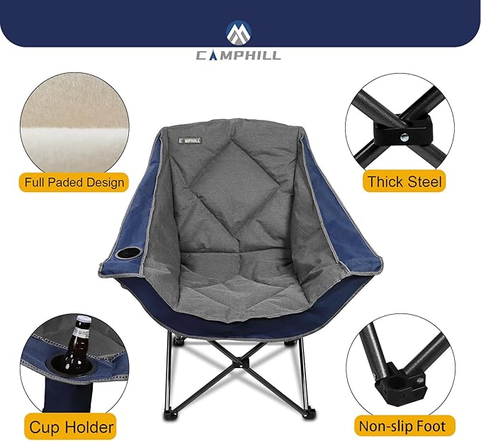 Folding Camping Chair,Oversized Portable Camping Chair with Cup Holder,Heavy Duty Padded Lawn Chair for Camping, Tailgates, Beach, and Sports