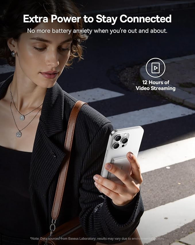 Baseus Picogo Power Bank, Smallest Qi2 Certified 15W MagSafe Portable Charger, 0.5" Ultra Slim 5000mAh Magnetic Battery Pack with Stand, Alloy Wireless Charger for iPhone 17 Pro Max/17 Air/16 Series