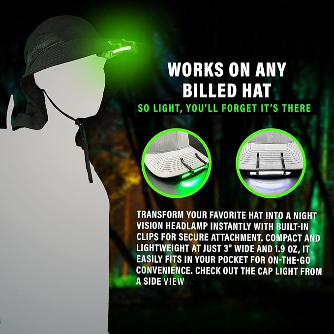 Night Vision Cap Light –Compact, Clip-On Hat Flashlight Powered by AAA | Dual LED Modes for Camping & Hunting | Lightweight Hat Flashlight for Billed Hats Suitable for Outdoor use Camo