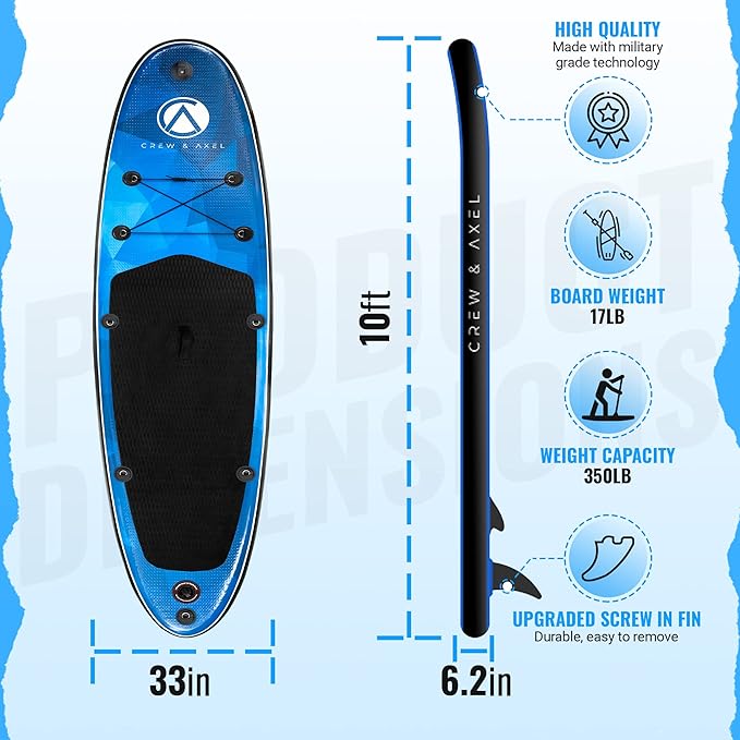 Crew Axel Inflatable Paddle Board 10’33’6” Extra Wide & Lightweight (18lb) Paddle Board – Premium SUP Set Includes 2 Bags, Floating Paddle, Camera Mount, 3 Fins, Dual Pump Kit