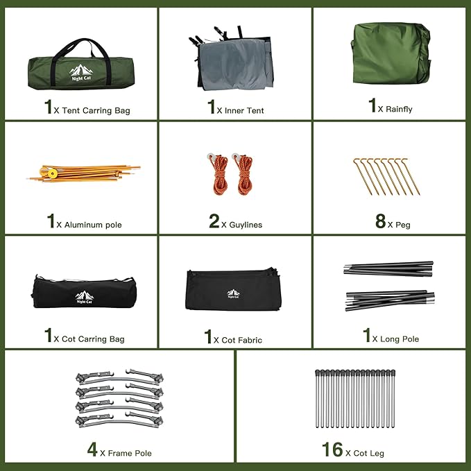 Night Cat Camping Cot Tent - Waterproof 1-Person Off-Ground Combo Cot Bed for Adults Portable Easy Set-up Tent