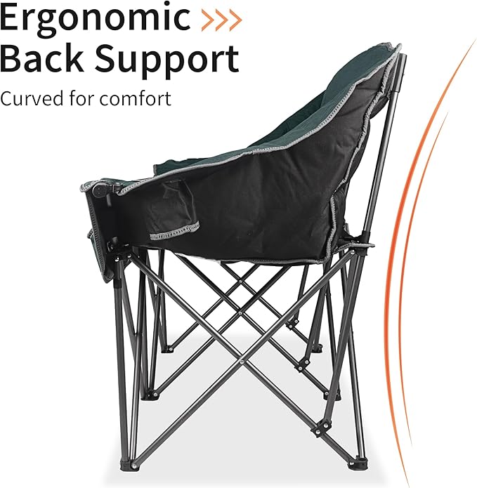 Fully Padded Folding Double Camping Chairs,Comfy Oversized Loveseat Lawn Chair w/Wine Glass Holder,Cup Holder,Heavy Duty Outdoor Portable Camp Couch Support 600 Lbs,Dark Green