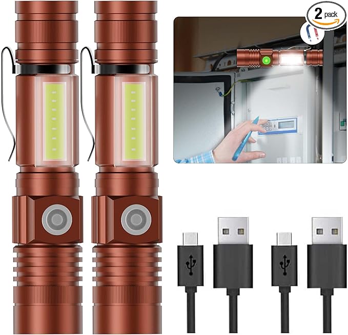 Hoxida Flashlight USB Rechargeable, Magnetic LED Flashlight, Super Bright LED Tactical Flashlight with Cob Sidelight, Waterproof, Zoomable Best Small LED Flashlight for Camping, Emergency - Brwon