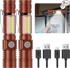 Hoxida Flashlight USB Rechargeable, Magnetic LED Flashlight, Super Bright LED Tactical Flashlight with Cob Sidelight, Waterproof, Zoomable Best Small LED Flashlight for Camping, Emergency - Brwon