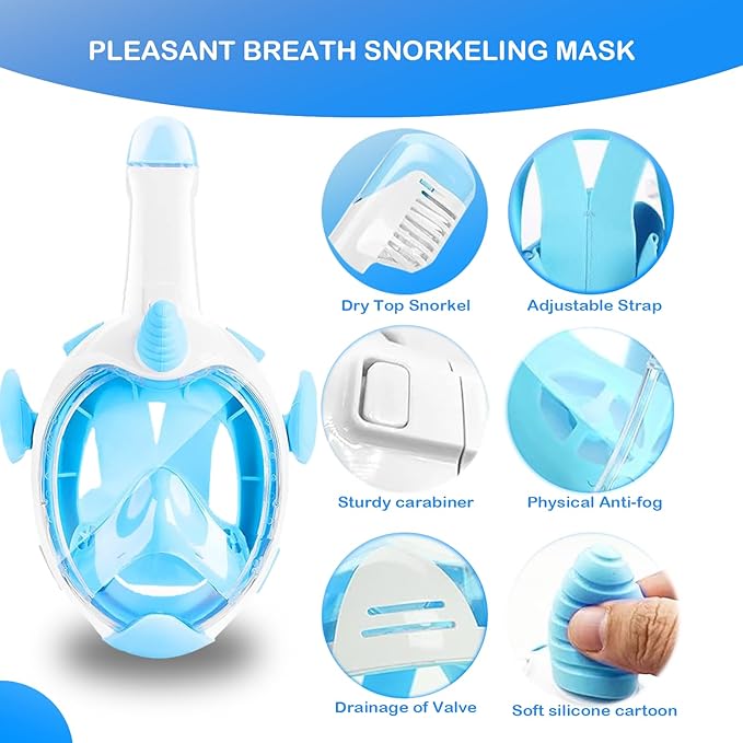 Kids Snorkel Mask, Full Face Snorkel Mask for Kids 4-16, 180 HD View Anti-Fog Anti-Leak Snorkel Mask for Kids Snorkel Set Snorkeling Gear for Kids
