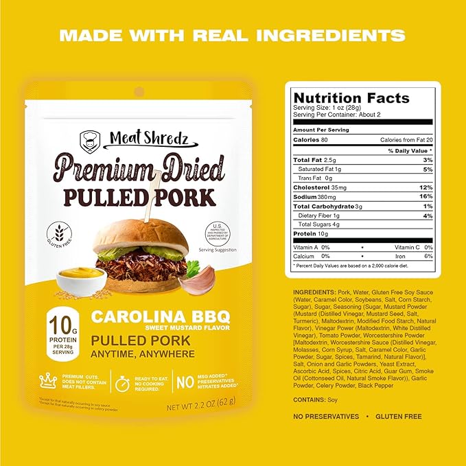 Meat Shredz - Premium Dried Pulled Pork (Carolina BBQ - Sweet Mustard, 4 Pack) | Gluten Free | High Protein & Low Sugar | Bacon Bits | Dehydrated Backpacking & Camping Food | Shredded, Dried Jerky Chew Snack