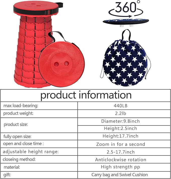 ALEVMOOM Upgraded Retractable Folding Stool Camping Stool, Collapsible Telescoping Stool for Adults, Lightweight Yet More Sturdy, Folding Seats for Camping Fishing Hiking Outdoor (red)