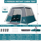 Camping Tents 4/6 Person Pop Up Instant Tent - Setup in 60s for Family Camping, Windproof Design, Family Cabin Tent with Rainfly & Backpack Carry Bag