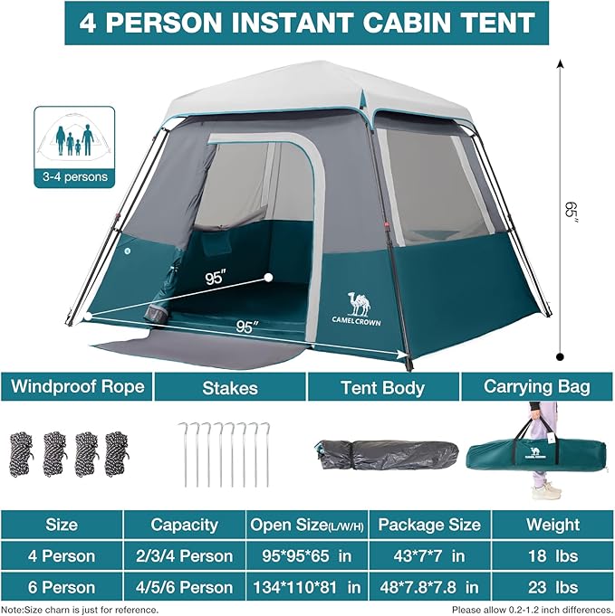 Camping Tents 4/6 Person Pop Up Instant Tent - Setup in 60s for Family Camping, Windproof Design, Family Cabin Tent with Rainfly & Backpack Carry Bag