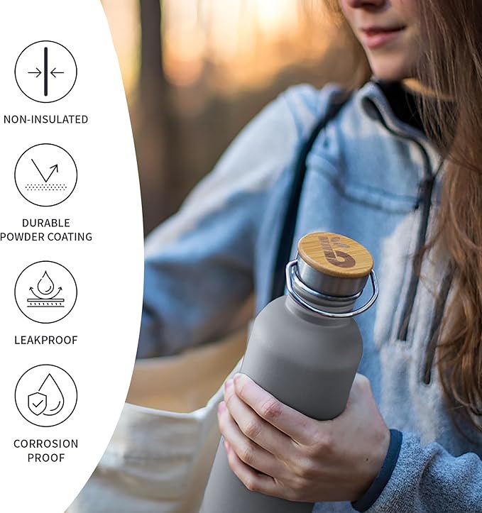 Bambaw Stainless Steel Water Bottle, 750 ml, Grey Sports Bottle, Non-Insulated Water Bottle, Reusable Water Bottle, 750 ml, BPA-Free Flask – Charcoal Grey