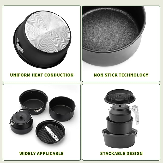 Camping Cookware Set, Non-Stick Lightweight Aluminum Camping Pot and Pan Set with Kettle for Backpacking, Hiking, Outdoor Cooking and Picnic