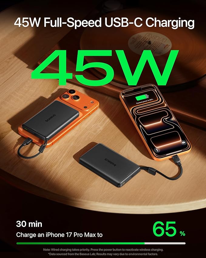 Baseus Qi2.2 25W Slim 10,000mAh Magnetic Power Bank Built in USB C Cable Bundle with 10000mAh Fast Charging Portable Charger Built-in 45W Retractable USB-C Cable
