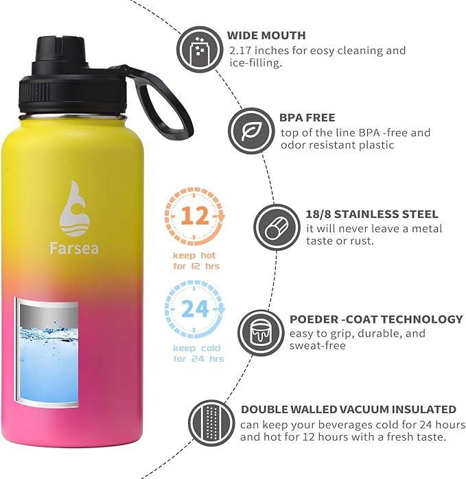 Farsea Insulated Water Bottle With Paracord Handle, Protective Boot and 2 Lids (Straw Lid & Spout Lid), Stainless Steel Water Bottle Wide Mouth, Double Wall Sweat-Proof BPA-Free, 32 oz