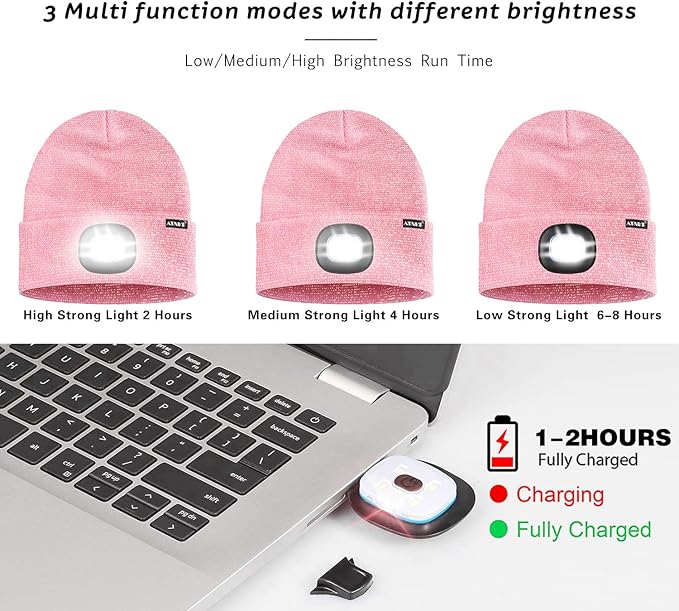 ATNKE LED Lighted Beanie Hat,USB Rechargeable 4 LED Running Headlamp Bright Cap with The Light Gifts for Men and Women