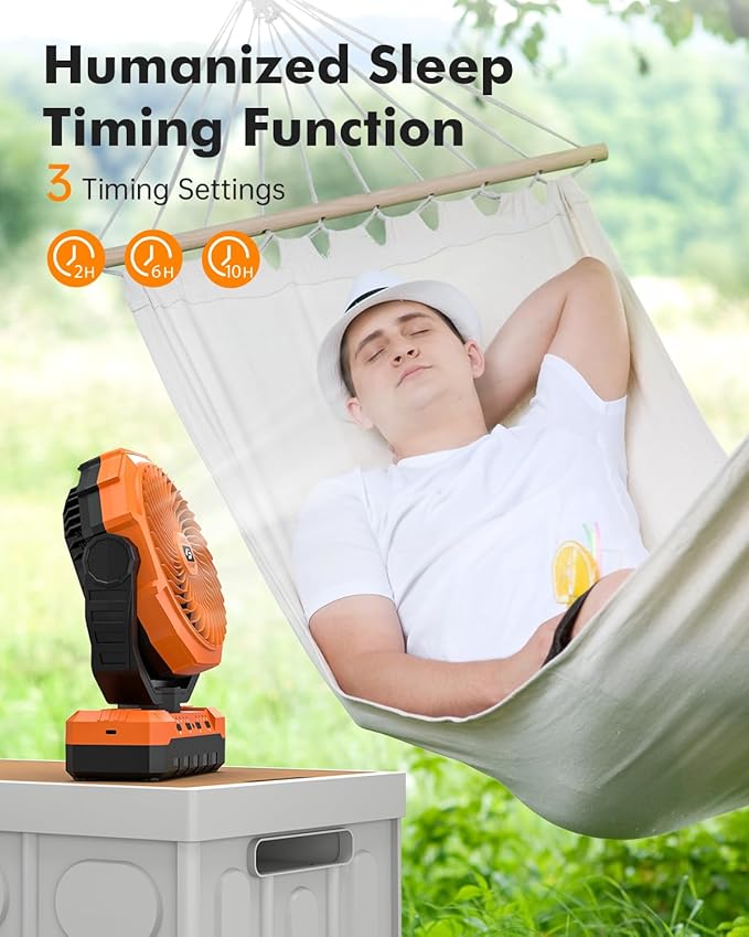 36000mAh Camping Fan - Detachable Rechargeable Battery Operated Fan with Light & Hook for Tent, Outdoor - USB Table Fan with 4 Speeds for Picnic, BBQ, Fishing, Travel, Hurricane