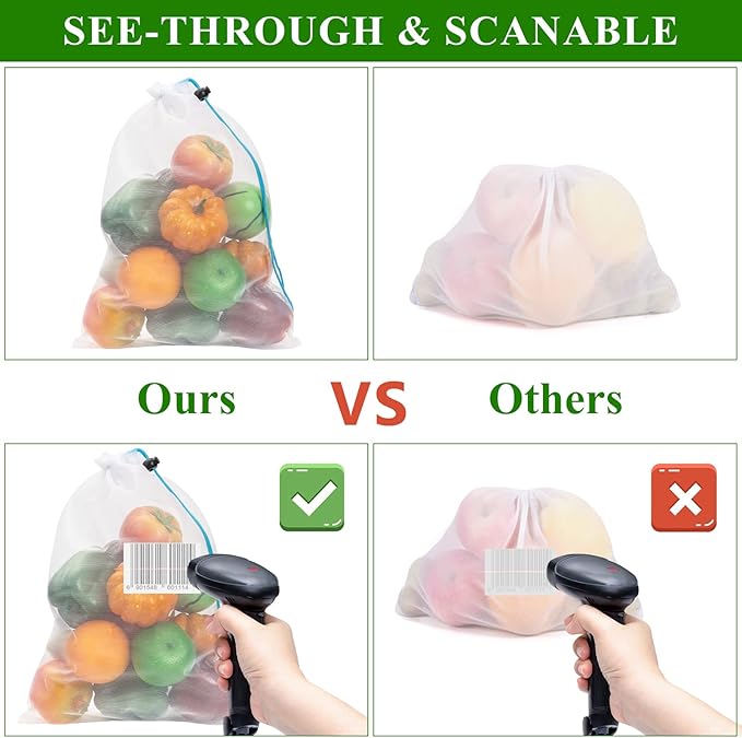 Set of 12 Reusable Mesh Produce Bags - Medium (12"x14") - Green - Polyester - Washable - Drawstring Closure
