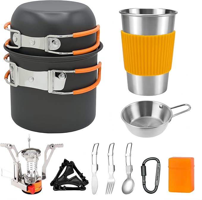 10Pcs Camping Cookware Mess Kit - 1.2L & 0.6L Camping Pots with Stove, Forks Knives Spoons, Sierra Cup, Canister Stand and 16Oz Stainless Steel Cup for Backpacking, Hiking, Outdoor Cooking