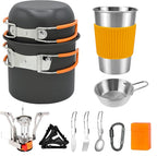 10Pcs Camping Cookware Mess Kit - 1.2L & 0.6L Camping Pots with Stove, Forks Knives Spoons, Sierra Cup, Canister Stand and 16Oz Stainless Steel Cup for Backpacking, Hiking, Outdoor Cooking