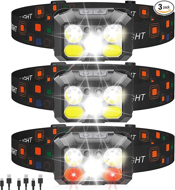 Rechargeable LED Headlamp 3-Pack, 800 Lumens, USB-C, IPX4 Waterproof, 8 Modes, Red & White Light — Lightweight, Adjustable; for Camping, Hiking, Running, Fishing & Repairs