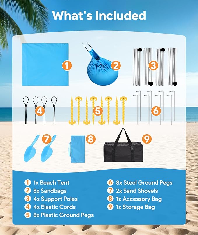 Beach Tent Sun Shelter, 10 x 10 FT Beach Canopy Tent Sun Shade, UPF50+ Tents Canopy with 8 Sandbags & 4 Stability Poles, Outdoor Tents for Camping Fishing, Sky Blue