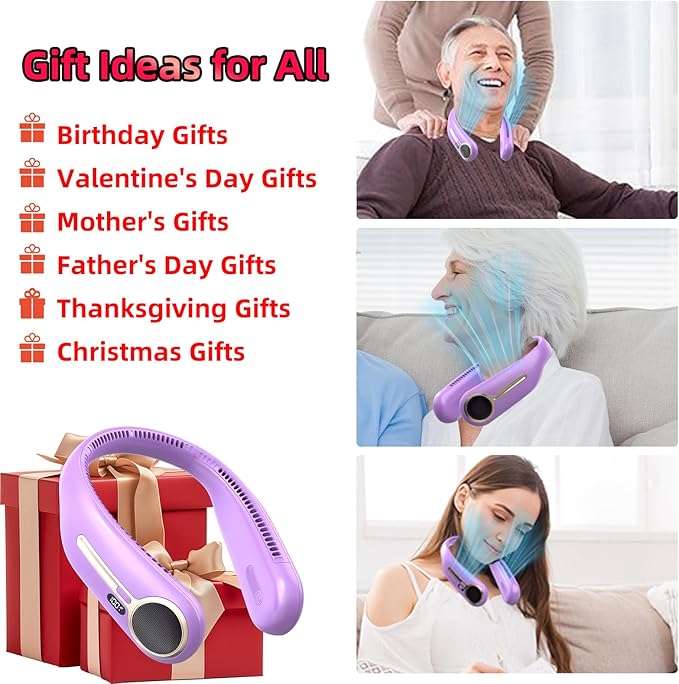 Portable Neck Fan,Hands Free Personal Wearable Bladeless Fan,6000mAh USB Rechargeable,360° Cooling,LED Display,4-Speeds,Birthday Gifts for Men Women Dad Mom,Outdoor Indoor Travel Camping (Purple)