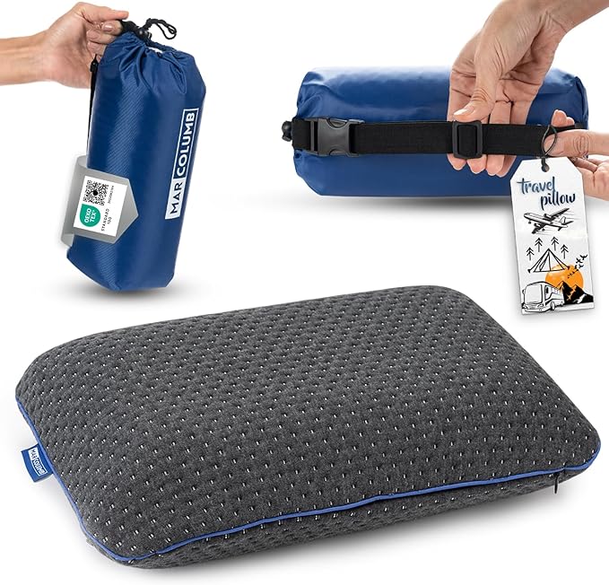Travel & Camping Comfortable Memory Foam Pillow – Easy to Carry Portable Bag – Temperature Regulating Pillow Case - Perfect for Travelling (Grey)