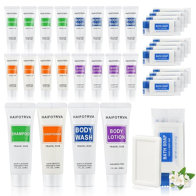 100 Pcs 5-IN-1 Hotel Soaps and Toiletries Bulk Set,5-Piece Set Mini Bulk Travel Size Toiletries Set 1 oz each Shampoo,Conditioner, Body Wash and Lotion,0.53 oz Soap Hotel Supplies for Guests,Homeless