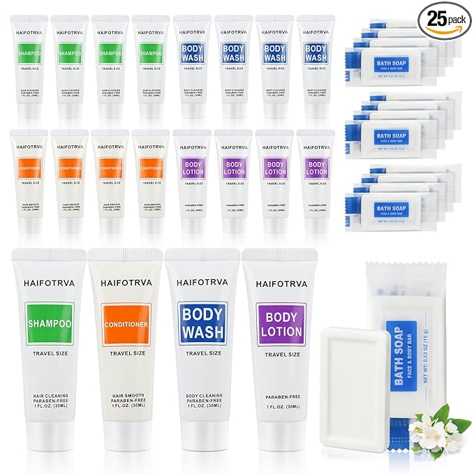 25 Pcs 5-IN-1 Hotel Soaps and Toiletries Bulk Set,5-Piece Set Mini Bulk Travel Size Toiletries Set 1 oz each Shampoo,Conditioner, Body Wash and Lotion,0.53 oz Soap Hotel Supplies for Guests,Homeless