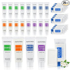 25 Pcs 5-IN-1 Hotel Soaps and Toiletries Bulk Set,5-Piece Set Mini Bulk Travel Size Toiletries Set 1 oz each Shampoo,Conditioner, Body Wash and Lotion,0.53 oz Soap Hotel Supplies for Guests,Homeless