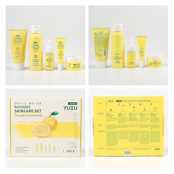 LAIKOU YUZU Skin Care, Skin Care Set with Serum, Cleanser, Toner, Eye Cream, Day & Night Moisturizer for Women Teen Girls Mom Daughter Mother's Day Christmas Birthday Beginner Kit TSA-friendly 5pcs