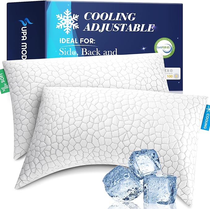 SUPA MODERN Cooling Pillows for Side Sleepers, Cool Side Sleeper Pillow for Neck Pain Relief, Luxury Shredded Memory Foam Pillows 2 Pack, Adjustable Gel Cervical Neck Pillow Queen Size Set of 2