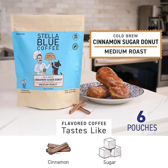 Stella Blue Cold Brew Coffee Packets, Cinnamon Sugar Donut, Medium Roast Ground Coffee, Warm Cinnamon, Sweet Sugar and Donut Pastry Notes, 100% Arabica, 6 Brew Packets, Makes 24 Bold Cups
