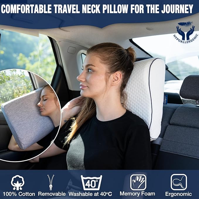 alkamto Travel & Camping Comfortable Memory Foam Pillow – Easy to Carry Portable Bag – Temperature Regulating Pillow Case (White Contour + Extra Cover)
