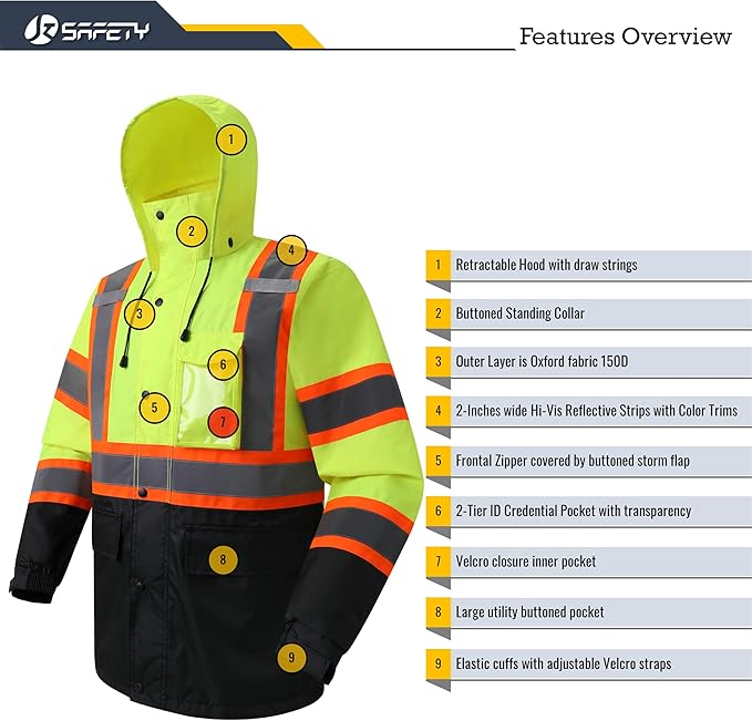 JKSafety Hi-Vis Reflective Safety Rain Jacket and Pants for Men Women Waterproof Rain Gears for Farming Fishing Work HV Rain Suit with Inner Mesh Lining and Pockets (117-Yellow 3XL)