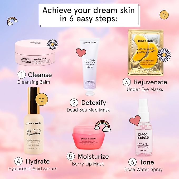 grace & stella Award Winning Skin Care Set - Birthday Gifts for Women, Travel Size Toiletries with Eye Masks, Hyaluronic Acid Serum, Lip Balm & More, Gift Baskets for Women, Vegan Self Care