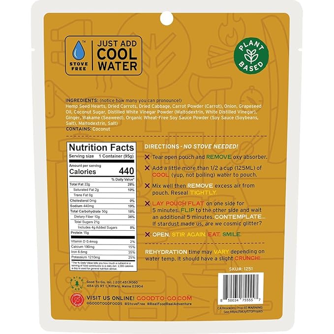 GOOD TO-GO Carrot-Ginger Power Bowl Stove-Free® (Single Serving) | No Stove Required! Camping Backpacking Food | Just Add Water Backpacking Meals | Dehydrated Meals Taste Better Than Freeze Dried